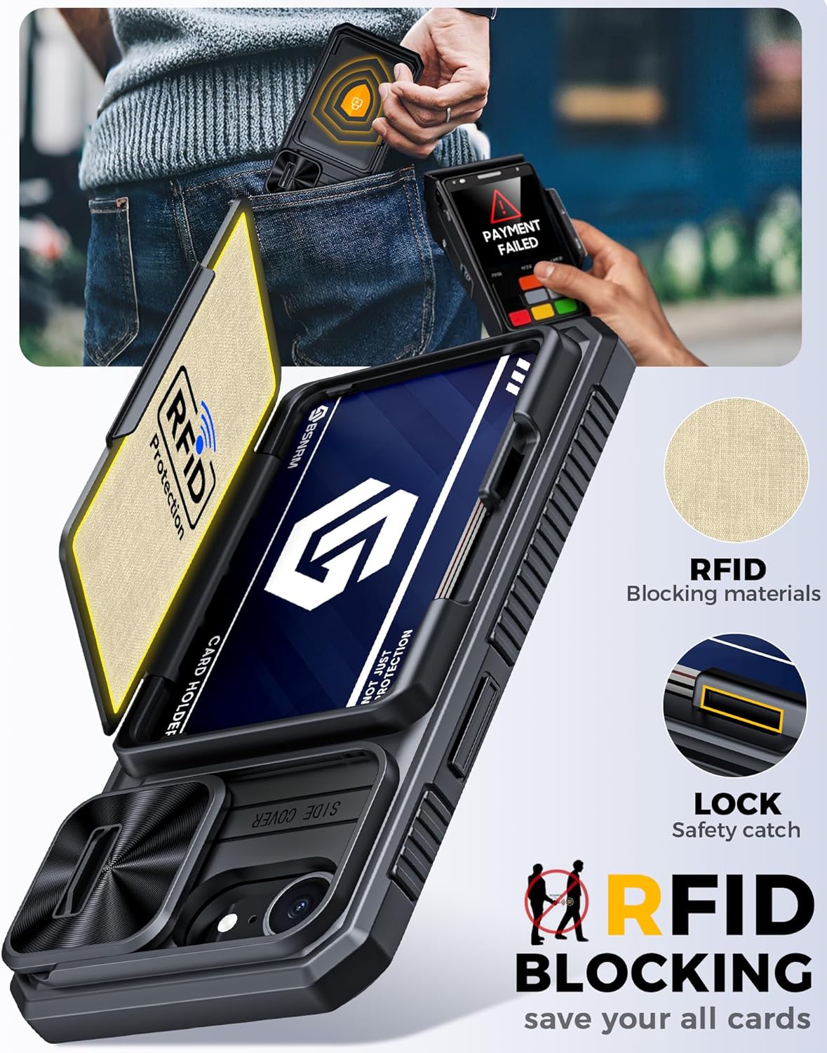 for iPhone 17e Case/iPhone 16e Case Wallet, Built-in Card Holder (4-5 Cards), RFID Blocking, Camera Control Button, Slide Camera Cover (Black)