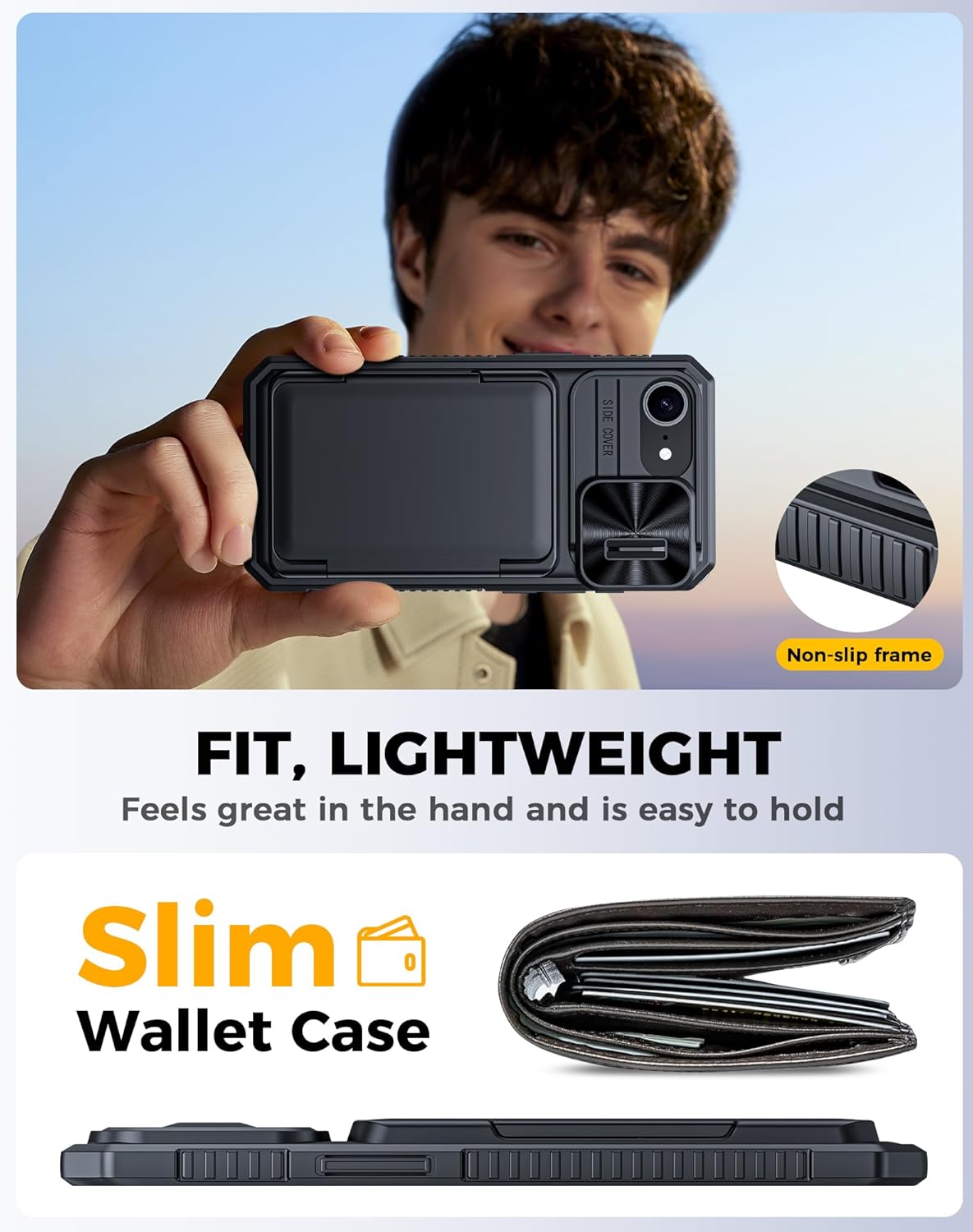 for iPhone 17e Case/iPhone 16e Case Wallet, Built-in Card Holder (4-5 Cards), RFID Blocking, Camera Control Button, Slide Camera Cover (Black)