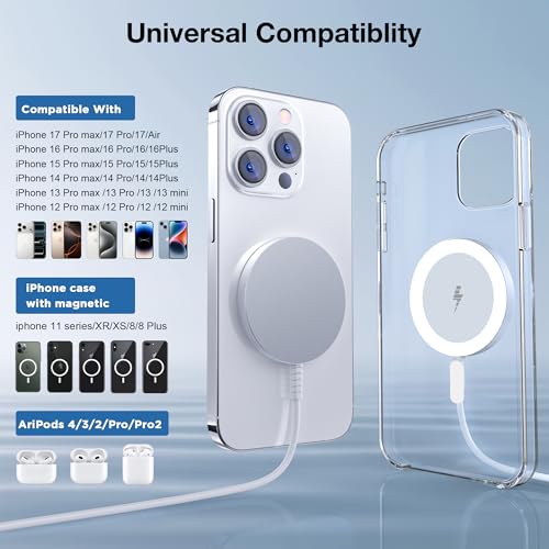 for MagSafe Charger, Magnetic Wireless Charging Pad for iPhone 17 16 15 14 13 12 Series & AirPods 4-2 Pro, Strong Magnet, Aluminum Alloy