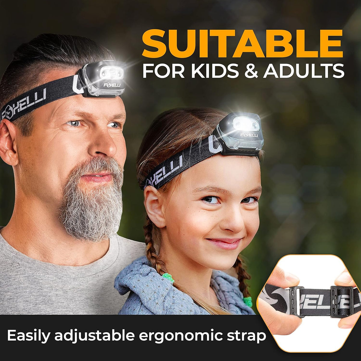 Foxelli LED Headlamp Flashlight for Adults & Kids, Running, Camping, Hiking Head Lamp with White & Red Light, Comfortable Headband