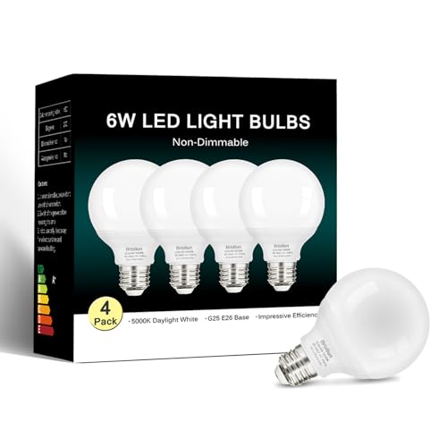 G25 LED Light Bulb, Round Vanity Light Bulbs for Bathroom, 40W LED Equivalent, Daylight White 5000K, Globe Light Bulbs E26 Base, 600LM, Non-Dimmable