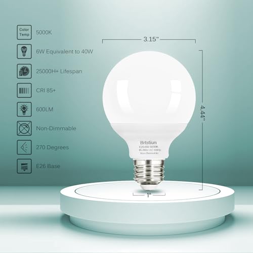 G25 LED Light Bulb, Round Vanity Light Bulbs for Bathroom, 40W LED Equivalent, Daylight White 5000K, Globe Light Bulbs E26 Base, 600LM, Non-Dimmable