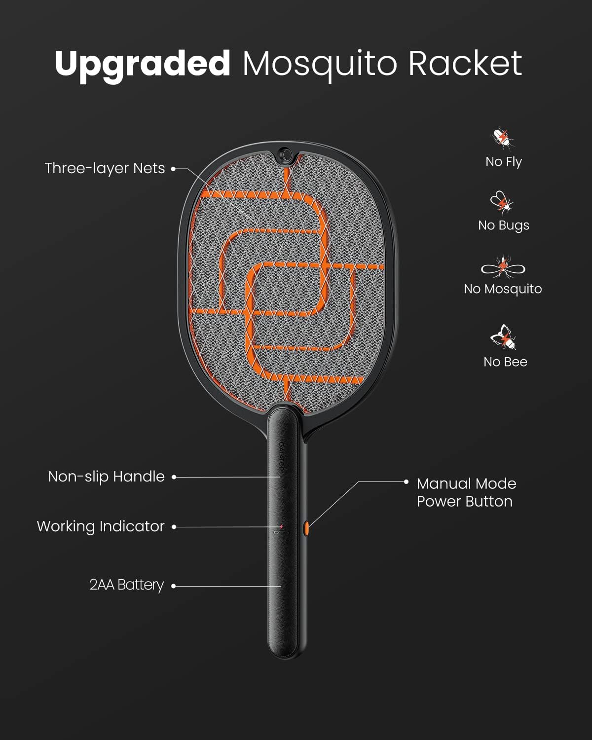 GAIATOP Electric Fly Swatter, 3800V Battery Powered Handheld Fly Zapper, 3-Layer Protection Grid Bug Zapper Racket
