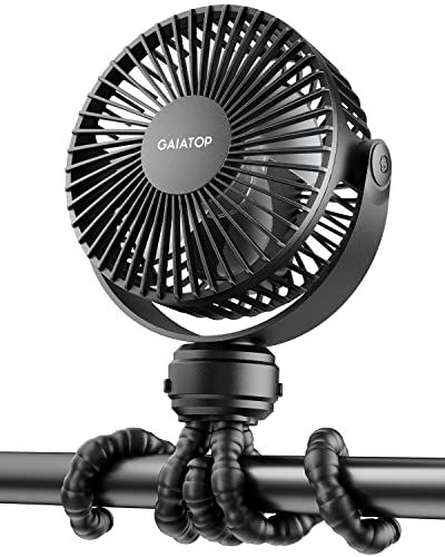 Gaiatop Mini Portable Stroller Fan, Battery Operated Small Clip on, Detachable 3 Speed Rechargeable, 360° Rotate Flexible Tripod Better Cooling