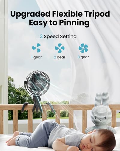 Gaiatop Mini Portable Stroller Fan, Battery Operated Small Clip on, Detachable 3 Speed Rechargeable, 360° Rotate Flexible Tripod Better Cooling