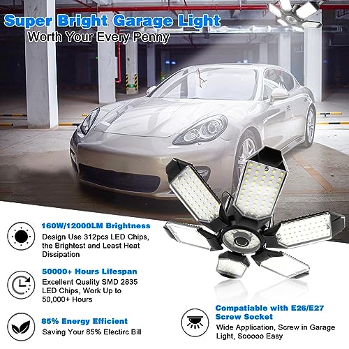 Garage Lights - 2Pack Super Bright 32000LM LED Garage Ceiling Light 6500K LED Shop Light w/ 6 Deformable Panels Screw in E26/E27 Socket Light Bulbs