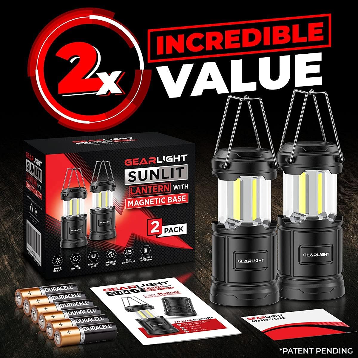 GearLight Camping Lantern - 2 Portable LED Battery Powered Lantern with Magnetic Base and Foldable Hook for Emergency Use or Campsites (Black)
