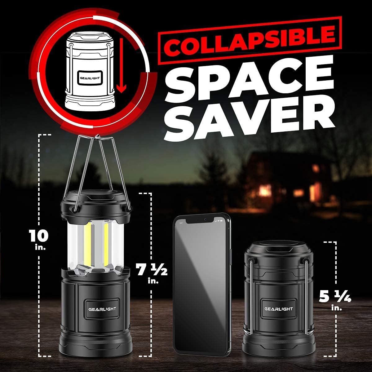 GearLight Camping Lantern - 2 Portable LED Battery Powered Lantern with Magnetic Base and Foldable Hook for Emergency Use or Campsites (Black)