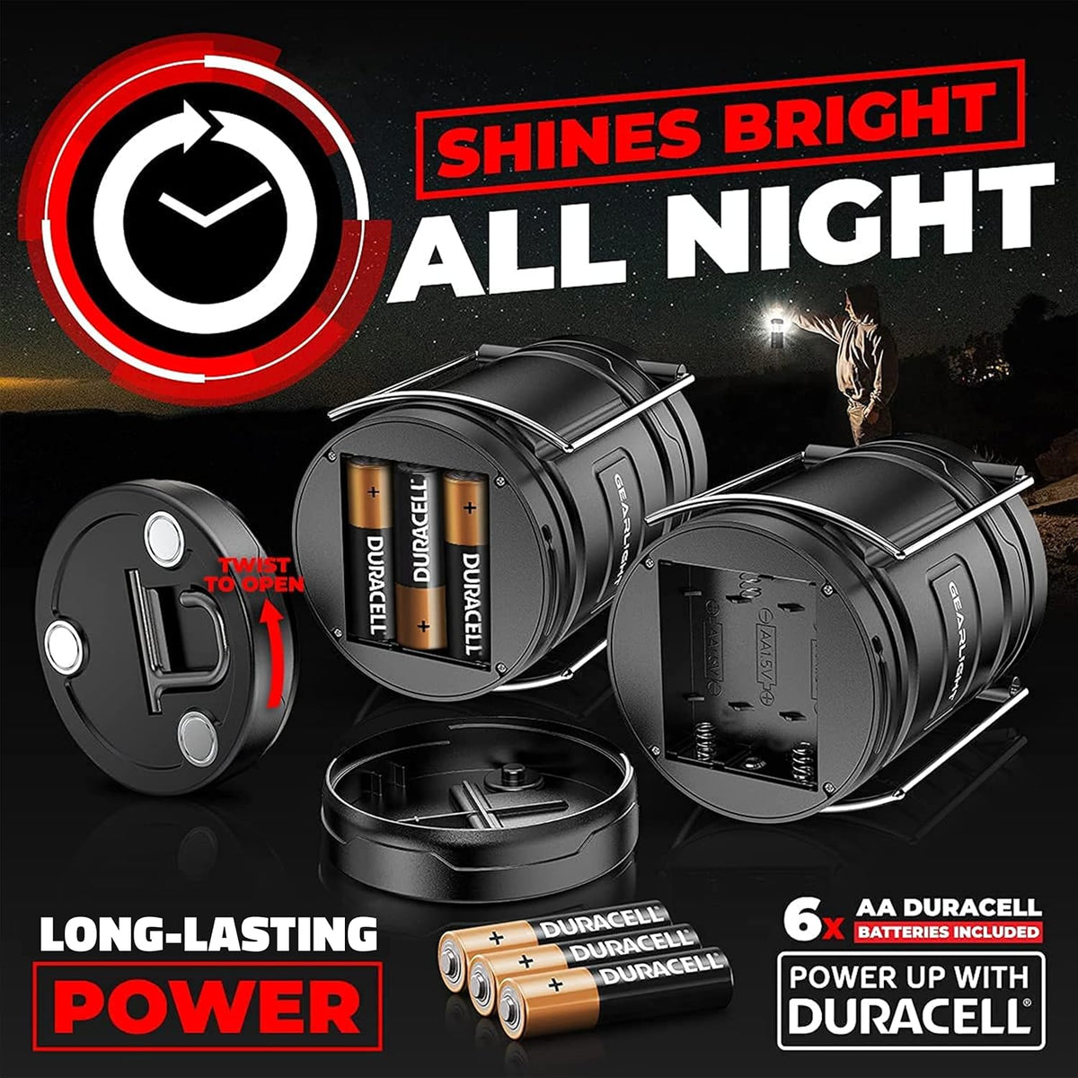 GearLight Camping Lantern - 2 Portable LED Battery Powered Lantern with Magnetic Base and Foldable Hook for Emergency Use or Campsites (Black)
