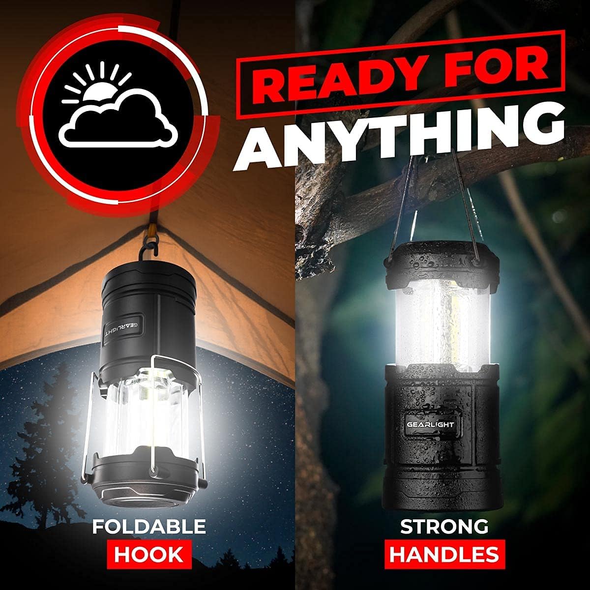GearLight Camping Lantern - 2 Portable LED Battery Powered Lantern with Magnetic Base and Foldable Hook for Emergency Use or Campsites (Black)