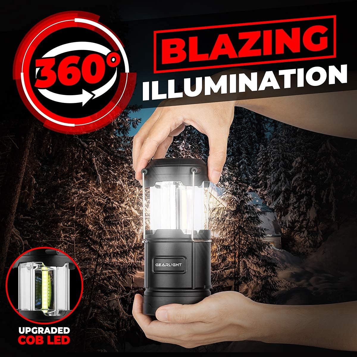 GearLight Camping Lantern - 2 Portable LED Battery Powered Lantern with Magnetic Base and Foldable Hook for Emergency Use or Campsites (Black)