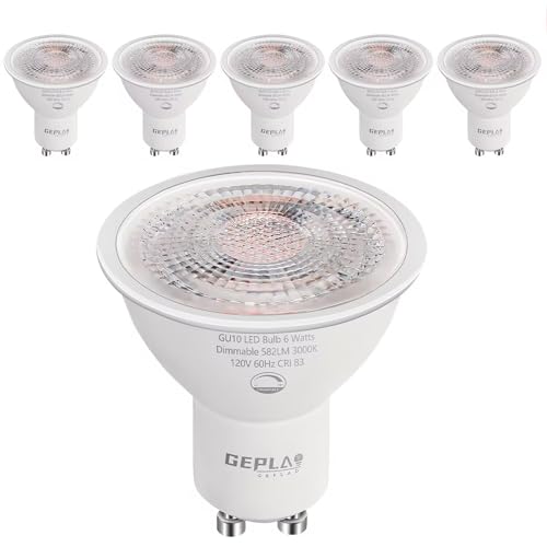 GEPLAD 6-Pack GU10 LED Bulb Dimmable, 3000K Soft White GU10 Bulb Replacement for Track Lighting, 582LM, 6W(50W Equivalent) LED Light Bulb for Kitchen