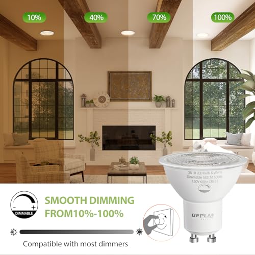 GEPLAD 6-Pack GU10 LED Bulb Dimmable, 3000K Soft White GU10 Bulb Replacement for Track Lighting, 582LM, 6W(50W Equivalent) LED Light Bulb for Kitchen