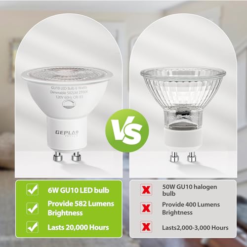 GEPLAD 6-Pack GU10 LED Bulb Dimmable, 3000K Soft White GU10 Bulb Replacement for Track Lighting, 582LM, 6W(50W Equivalent) LED Light Bulb for Kitchen