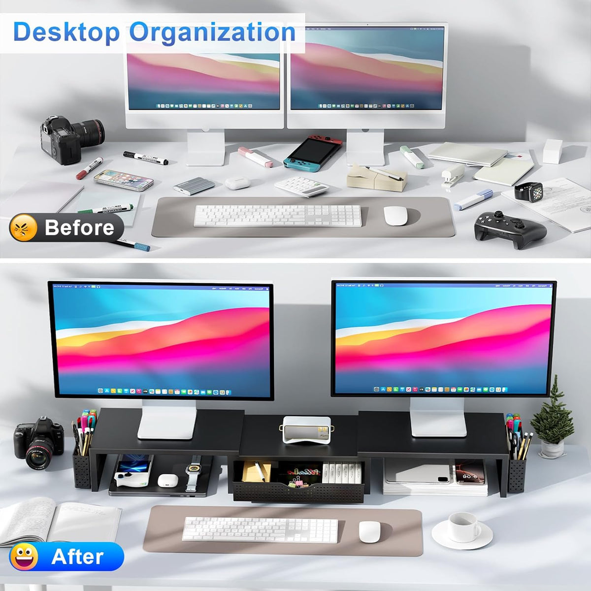 gianotter Dual Monitor Stand Riser, Desk Organizer With Drawer and 2 Pen Holders, Computer Monitor Stand, Shelf for Top of Desk, Black