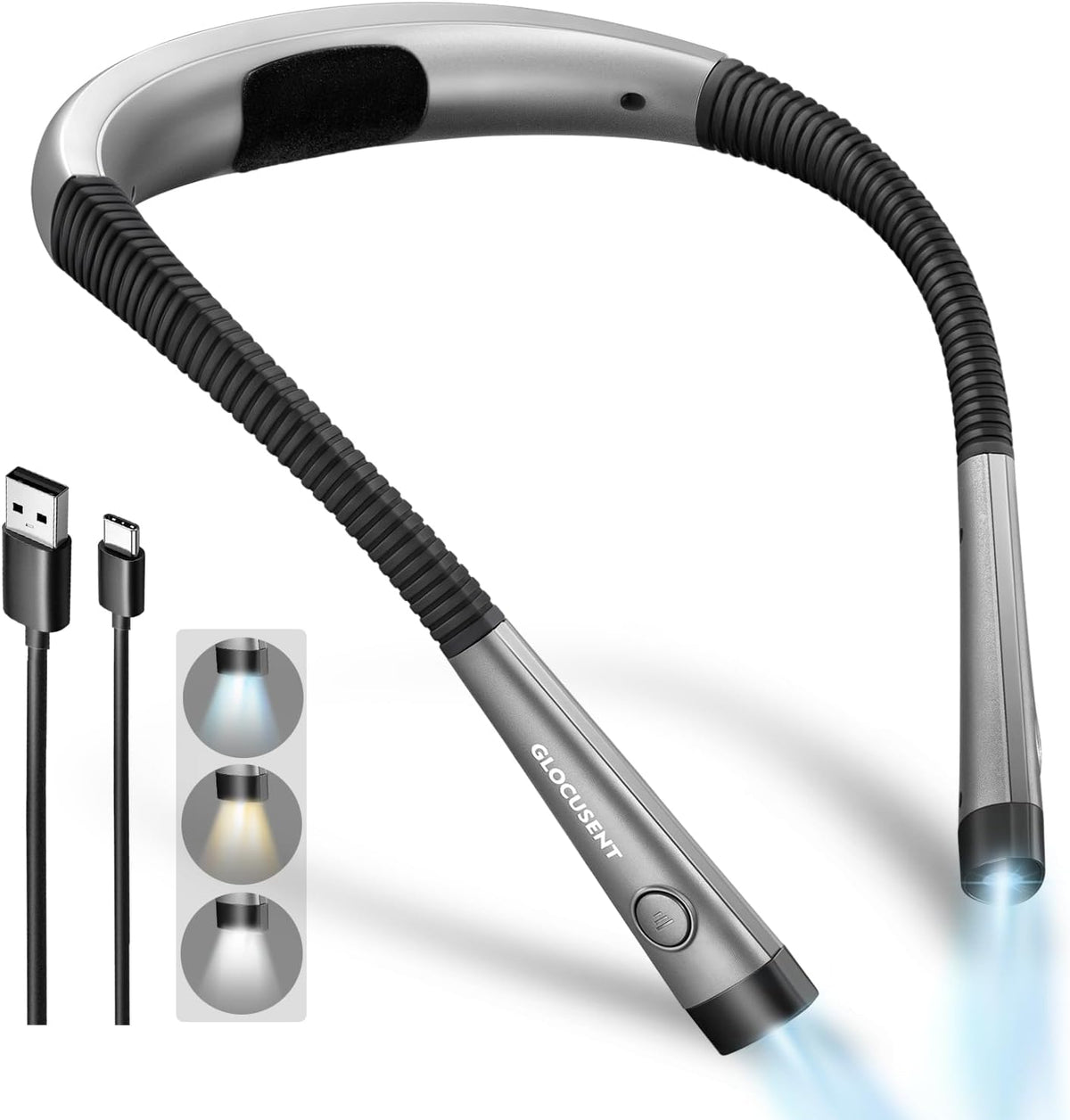 Glocusent Book Light, 3-Color & 6-Brightness Reading Light, Bendable Neck Light, 80-hr Lasting Rechargeable Book Light, Perfect Reading Lights