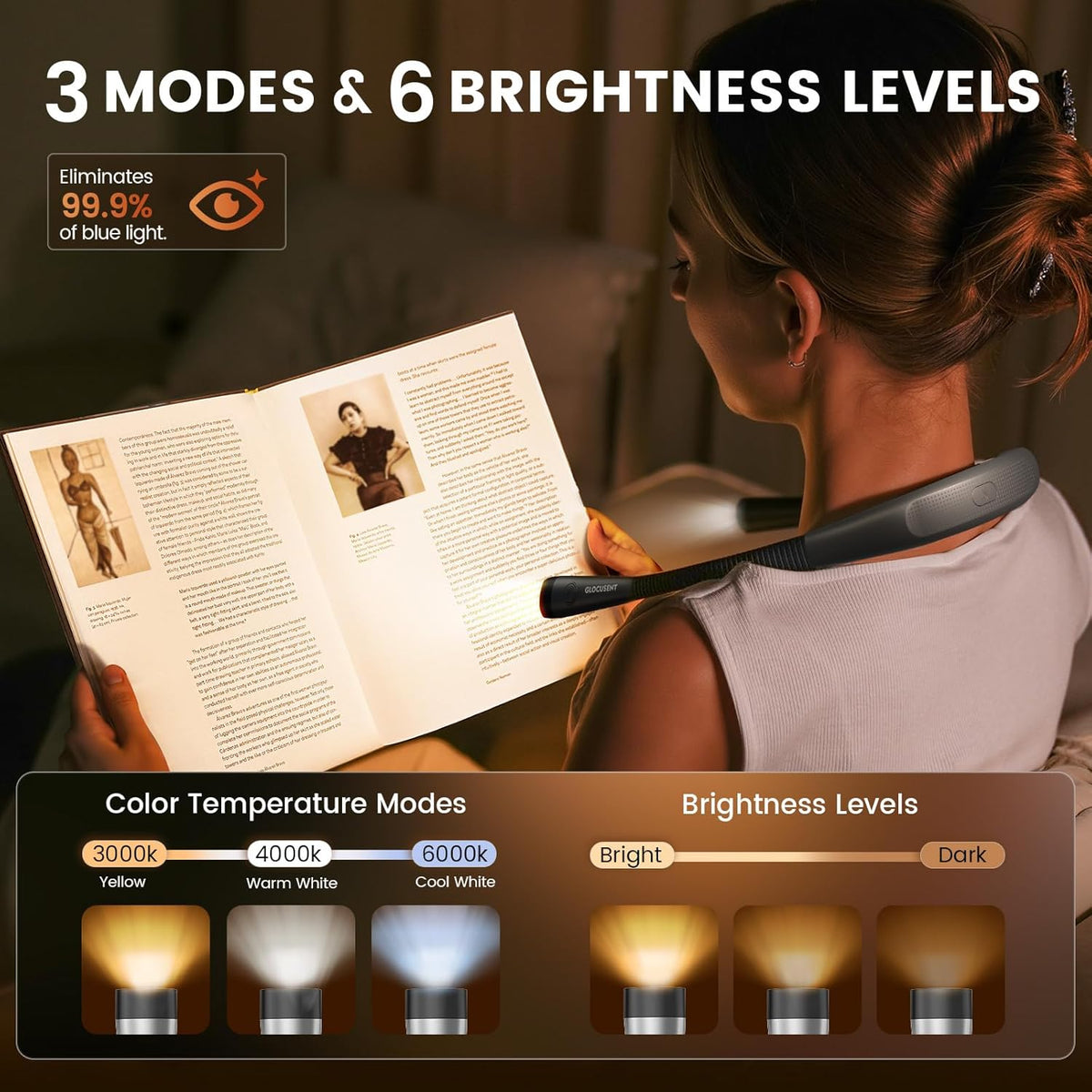 Glocusent Book Light, 3-Color & 6-Brightness Reading Light, Bendable Neck Light, 80-hr Lasting Rechargeable Book Light, Perfect Reading Lights