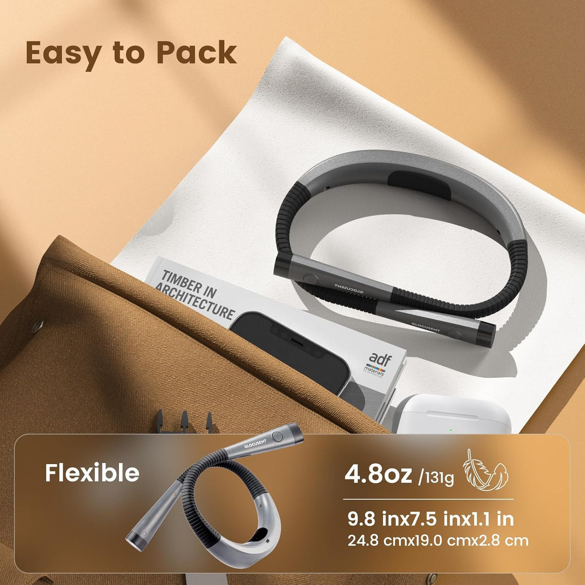 Glocusent Book Light, 3-Color & 6-Brightness Reading Light, Bendable Neck Light, 80-hr Lasting Rechargeable Book Light, Perfect Reading Lights
