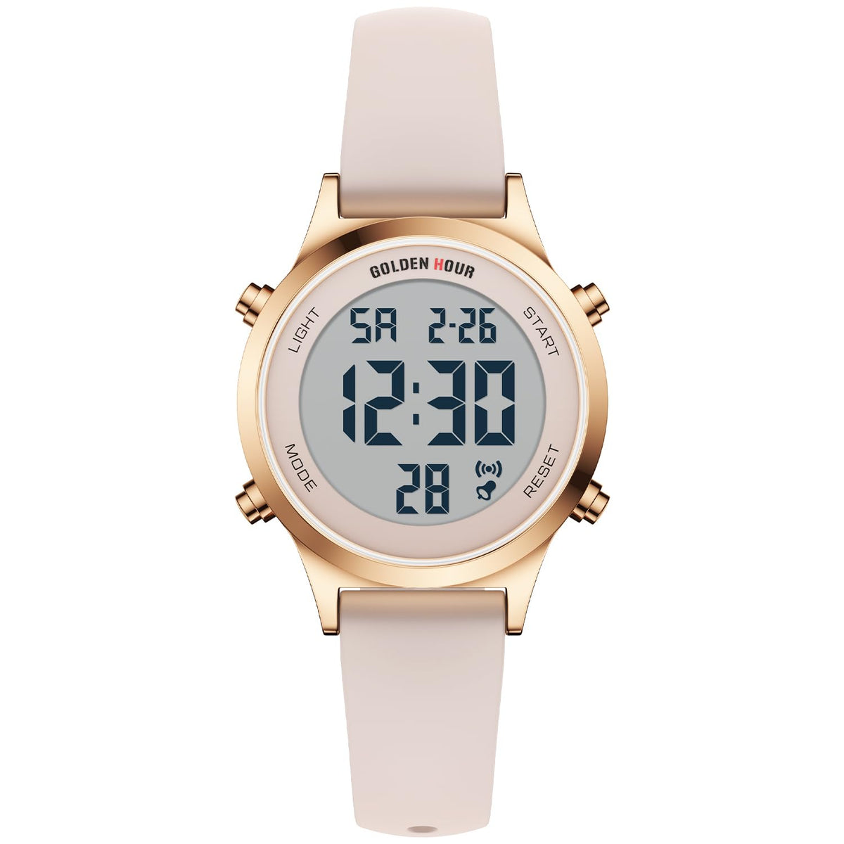 GOLDEN HOUR Waterproof Women's Digital Sports Watches with Silicone Strap, Alarm Calendar Stopwatch Chronograph 32mm Rose Gold Case