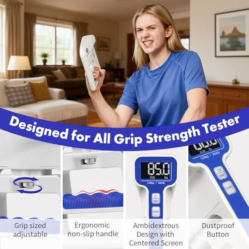 Grip Strength Tester 265lb/120kg, Digital Hand Dynamometer with Backlit LCD for Grip Strength Testing and Training