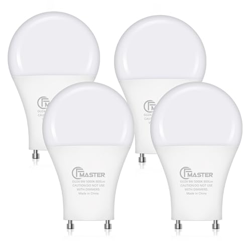 GU24 LED Light Bulb, 5000K Daylight, 9W(100W Equivalent), 800 Lumens, A19 Shape GU 24 LED Bulbs, Twist and Lock GU24 Pin Base with Two Prongs (4-Pack)