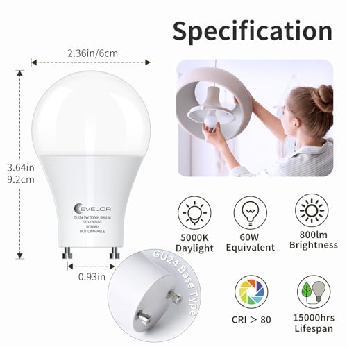 GU24 LED Light Bulb, 60 Watt Equivalent Daylight White 5000K, Non-Dimmable, Efficient 9W, 800 Lumens Twist and Lock 2 Prong Light Bulbs, 15000 Hours
