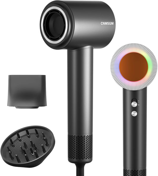 Hair Dryer, High Speed Ionic Blow Dryer, 5X-Fast Drying, 2 Billion Negative Ions, Low Noise, 160000 RPM, Compact Blow Dryer (Black Gray)