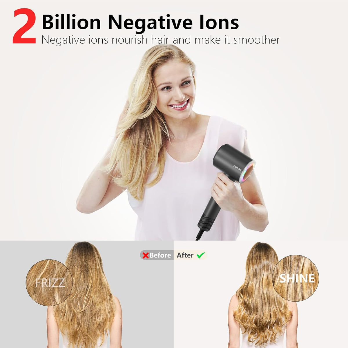 Hair Dryer, High Speed Ionic Blow Dryer, 5X-Fast Drying, 2 Billion Negative Ions, Low Noise, 160000 RPM, Compact Blow Dryer (Black Gray)
