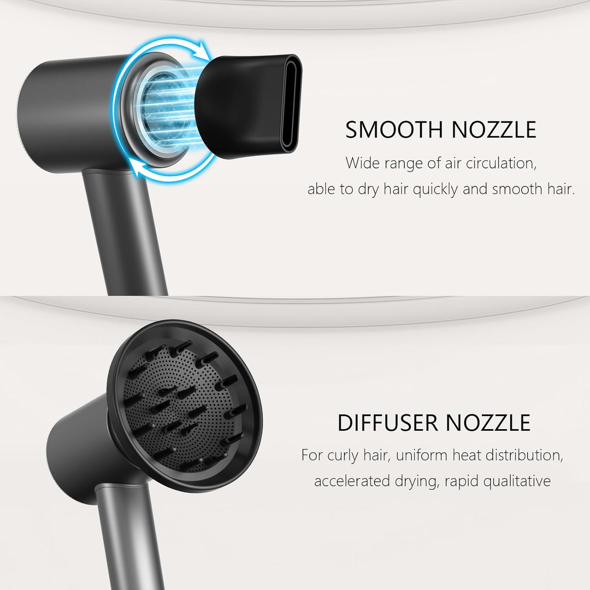 Hair Dryer, High Speed Ionic Blow Dryer, 5X-Fast Drying, 2 Billion Negative Ions, Low Noise, 160000 RPM, Compact Blow Dryer (Black Gray)