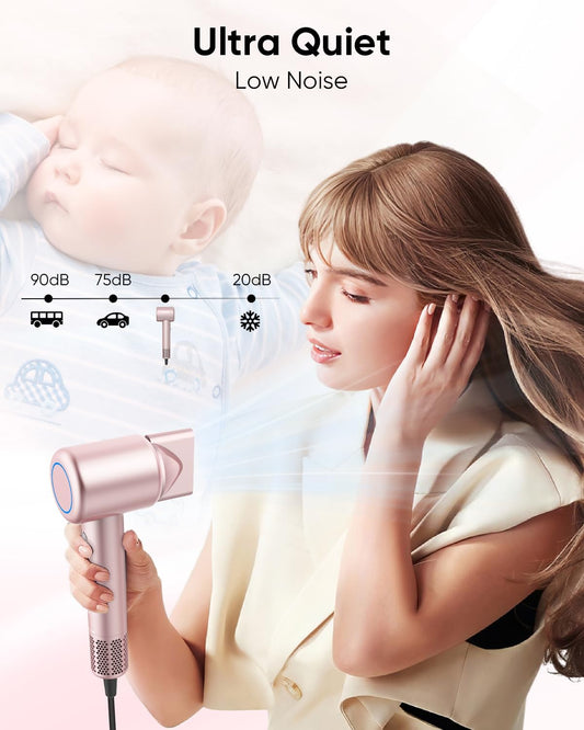 Hair Dryer, High-Speed Ionic Low Noise Blow Dryer with Brushless Motor, Thermo-Control Quiet Compact Hair Blow Dryer with Magnetic Diffuser