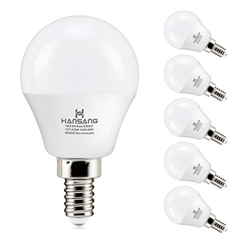 hansang 6 watt (60w Equivalent) LED Bulbs, E12 Small Base Candelabra Round Light Bulb, 600 Lumen, Warm White 2700K Ceiling Fan Light Bulbs (6 Pack)