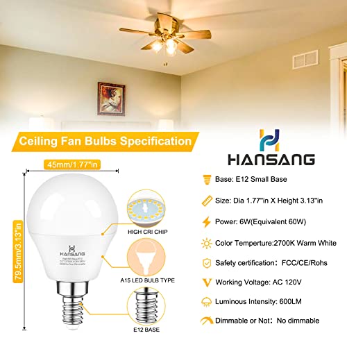 hansang 6 watt (60w Equivalent) LED Bulbs, E12 Small Base Candelabra Round Light Bulb, 600 Lumen, Warm White 2700K Ceiling Fan Light Bulbs (6 Pack)