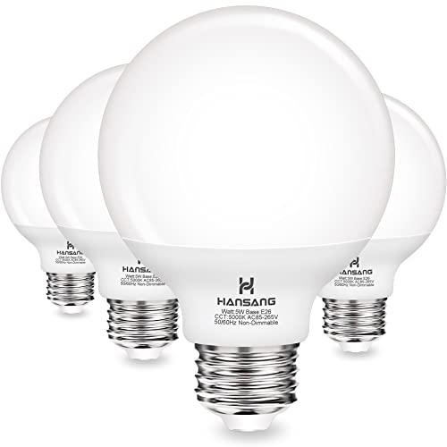 hansang G25 LED Globe Light Bulbs, 60W Equivalent, 5000K Daylight Bathroom, E26 Base, Eye-Friendly Vanity Round, Perfect for Vanity Makeup Mirror