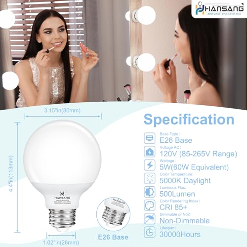 hansang G25 LED Globe Light Bulbs, 60W Equivalent, 5000K Daylight Bathroom, E26 Base, Eye-Friendly Vanity Round, Perfect for Vanity Makeup Mirror