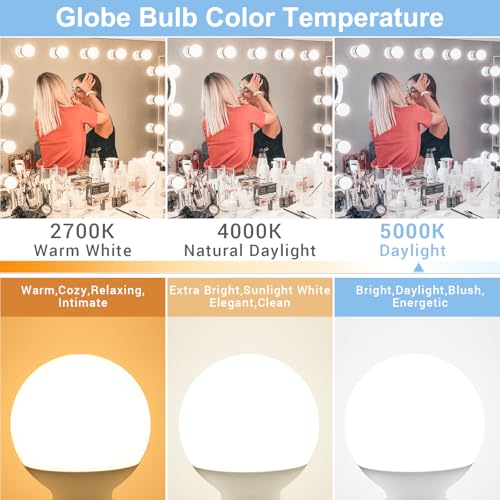 hansang G25 LED Globe Light Bulbs, 60W Equivalent, 5000K Daylight Bathroom, E26 Base, Eye-Friendly Vanity Round, Perfect for Vanity Makeup Mirror
