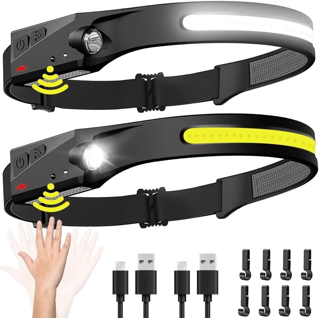 Headlamp Rechargeable 2PCS, 230° Wide Beam Head Lamp LED with Motion Sensor for Adults - Camping Accessories Gear, Waterproof Head Light Flashlight