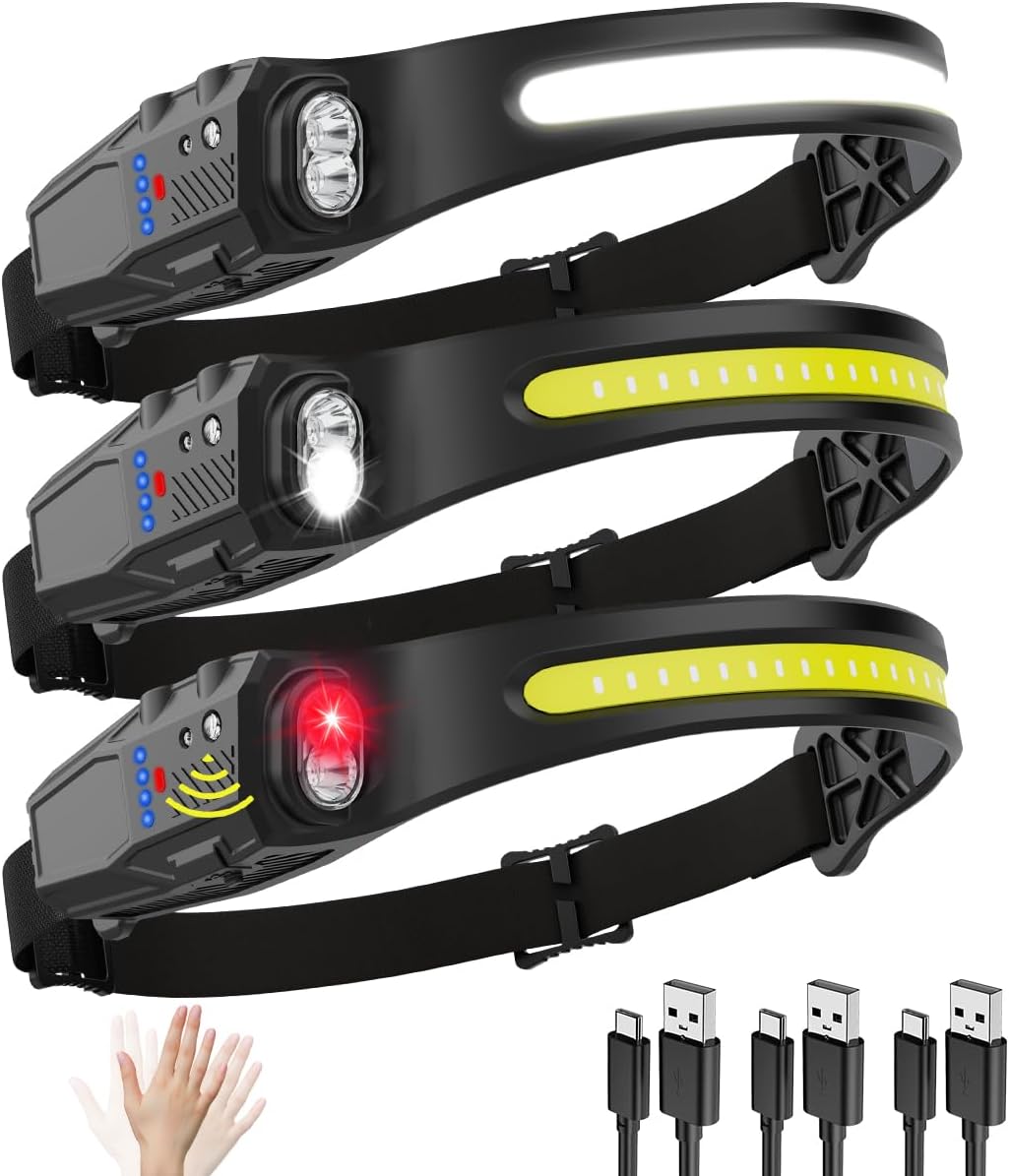 Headlamp Rechargeable 3Pack, 230° Wide Beam LED Headlamp, 7Mode Headlamps for Adults, Head Lamp with Motion Sensor