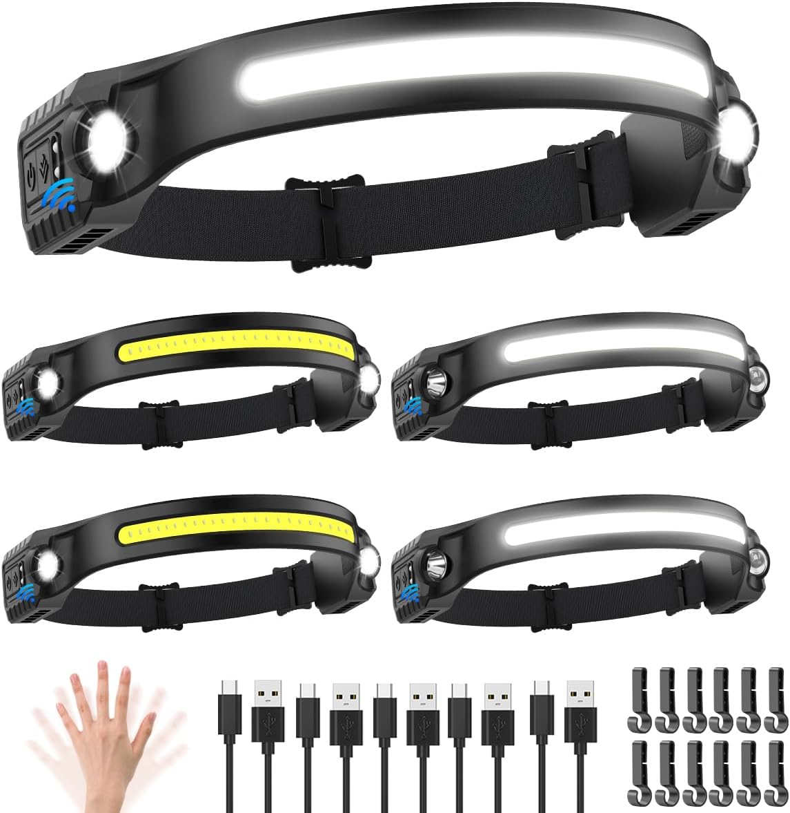 Headlamp Rechargeable 5Pack, 230° Wide Beam Head Lamp with 2 Spotlights, LED Headlamp with Motion Sensor, 5Mode Rechargeable Headlamp