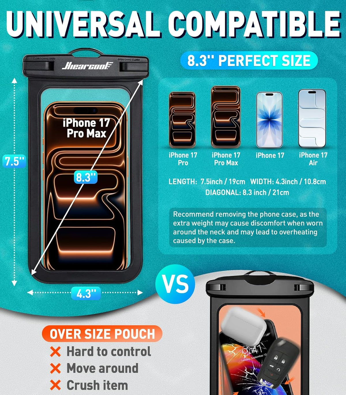 Hiearcool Waterproof Phone Pouch, IPX8 Waterproof Phone Case for iPhone 17/16/15/14 Pro Max, Cell Phone Dry Bag for Beach & Cruise Essentials
