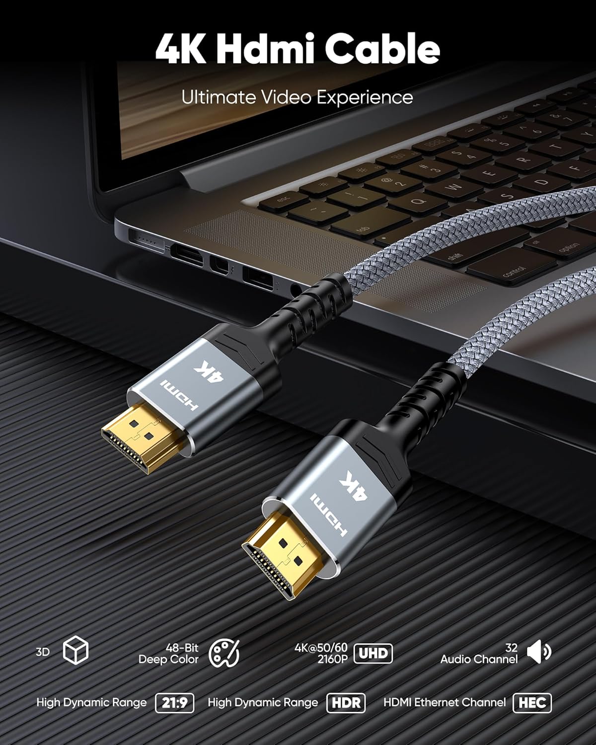 Highwings 4K HDMI Cable 6.6FT/2m - High-Speed HDMI 2.0 Quality Cord 4K@60Hz, Braided Nylon & Gold Connectors, HDR, Ethernet, ARC, 3D, HDCP 2.2