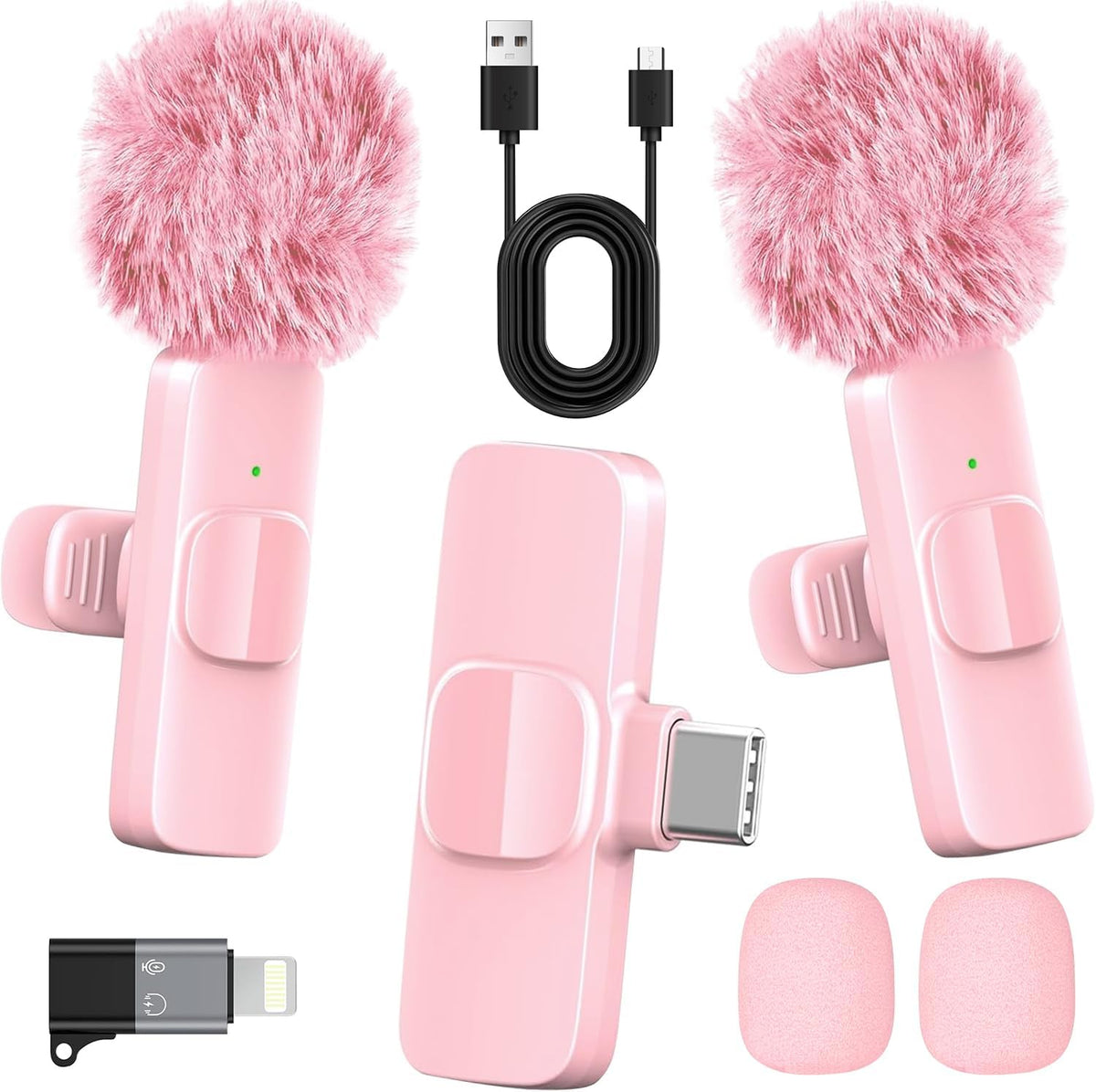 HONGJIEYUAN Pink Wireless Lavalier Microphone for iPhone & Android - Mini Clip-On Mic with Noise Cancellation, 65ft Range, 8H Battery, USB-C/Lightning