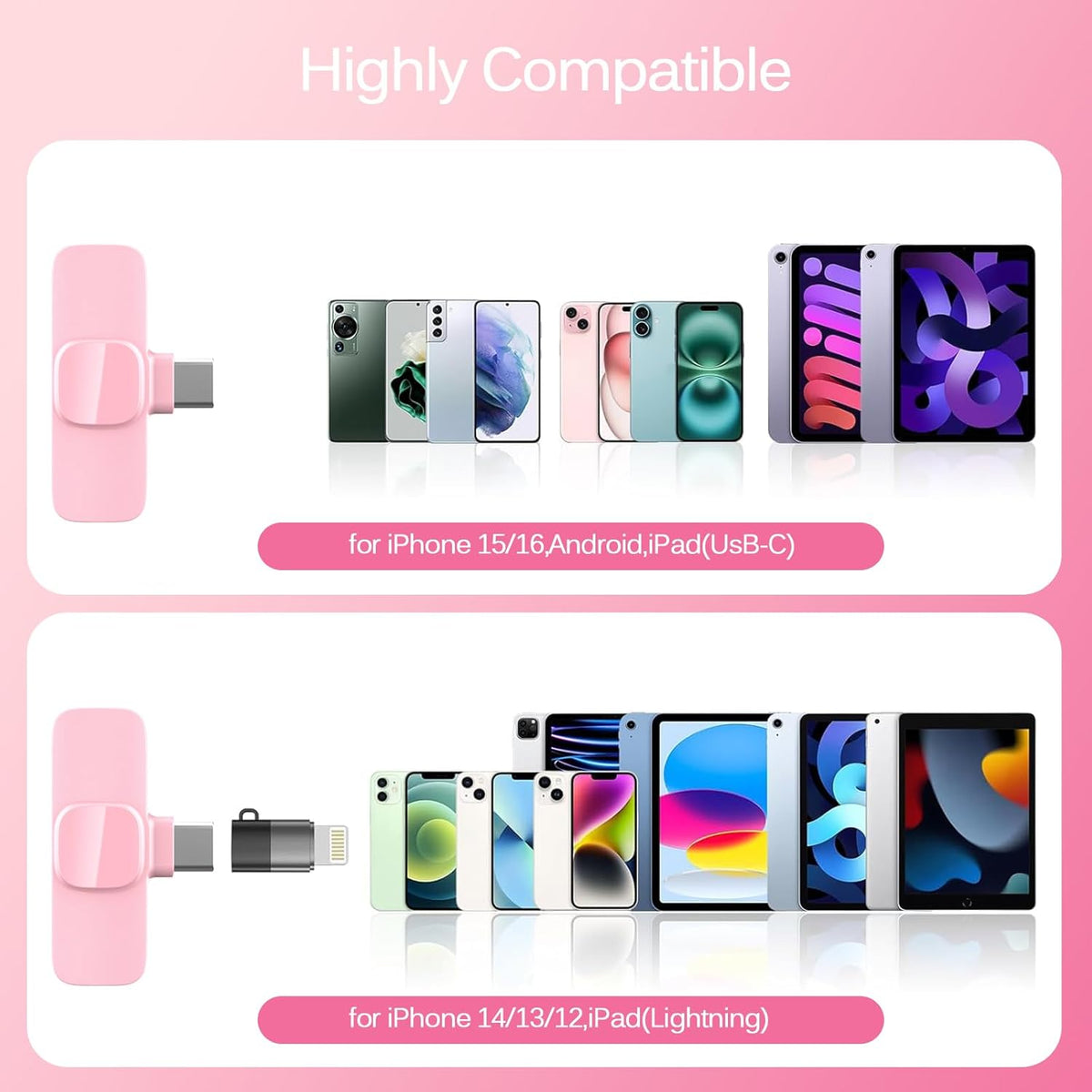 HONGJIEYUAN Pink Wireless Lavalier Microphone for iPhone & Android - Mini Clip-On Mic with Noise Cancellation, 65ft Range, 8H Battery, USB-C/Lightning