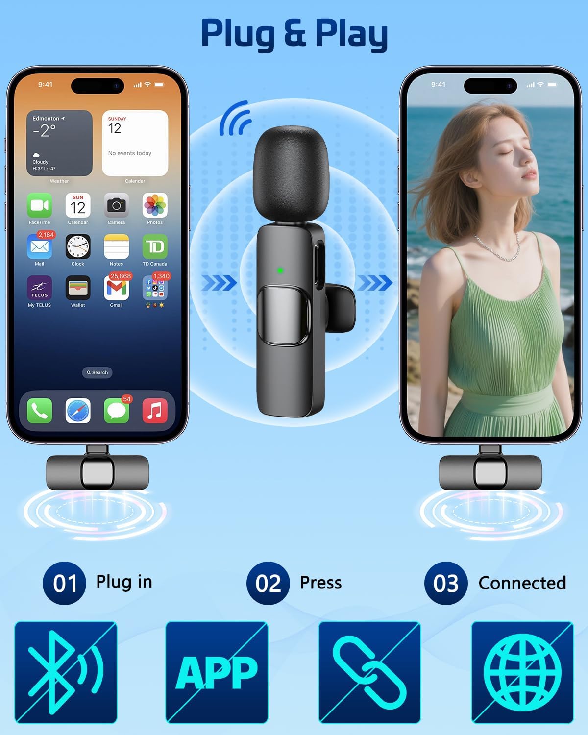 HONGJIEYUAN Pink Wireless Lavalier Microphone for iPhone & Android - Mini Clip-On Mic with Noise Cancellation, 65ft Range, 8H Battery, USB-C/Lightning