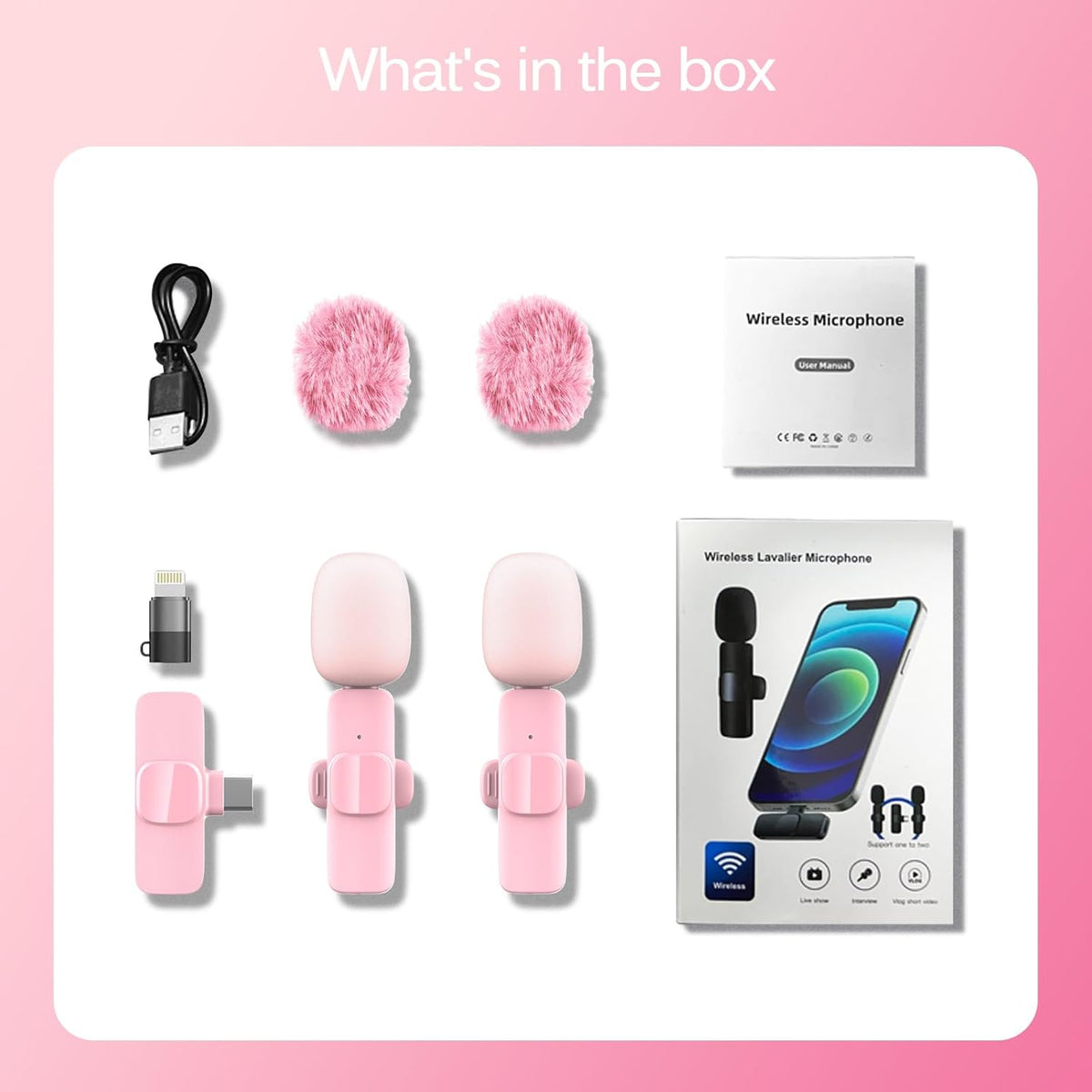 HONGJIEYUAN Pink Wireless Lavalier Microphone for iPhone & Android - Mini Clip-On Mic with Noise Cancellation, 65ft Range, 8H Battery, USB-C/Lightning