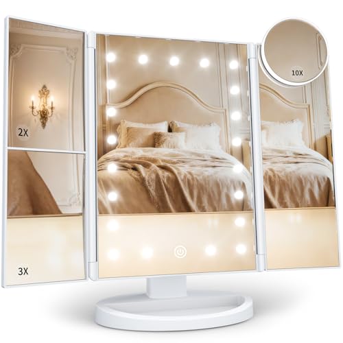 HUONUL Makeup Mirror, Vanity Mirror with Lights, 2X/3X/10X Magnification, Touch Control, Trifold, Dual Power Supply, Wife, Mom, Girls