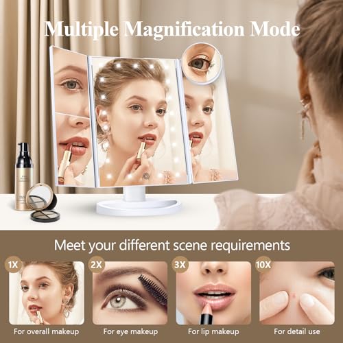 HUONUL Makeup Mirror, Vanity Mirror with Lights, 2X/3X/10X Magnification, Touch Control, Trifold, Dual Power Supply, Wife, Mom, Girls