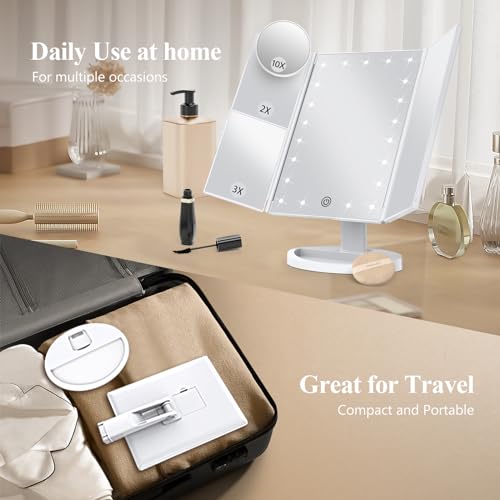 HUONUL Makeup Mirror, Vanity Mirror with Lights, 2X/3X/10X Magnification, Touch Control, Trifold, Dual Power Supply, Wife, Mom, Girls