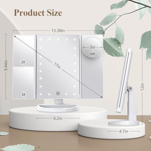 HUONUL Makeup Mirror, Vanity Mirror with Lights, 2X/3X/10X Magnification, Touch Control, Trifold, Dual Power Supply, Wife, Mom, Girls