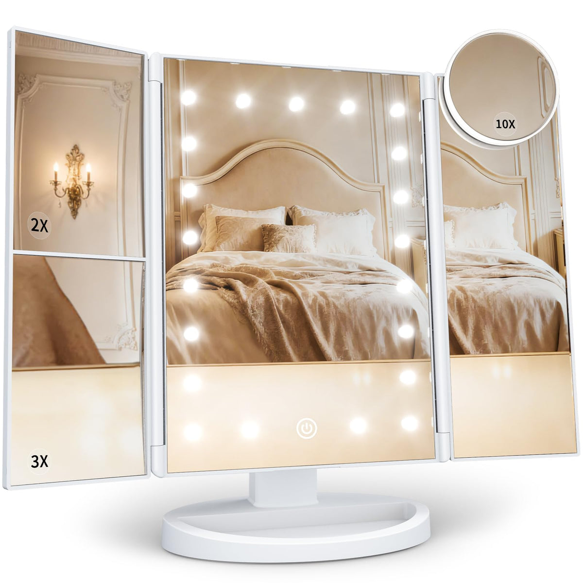 HUONUL Makeup Mirror, Vanity Mirror with Lights, 2X/3X/10X Magnification, Touch Control, Trifold, Dual Power Supply, Wife, Mom, Girls