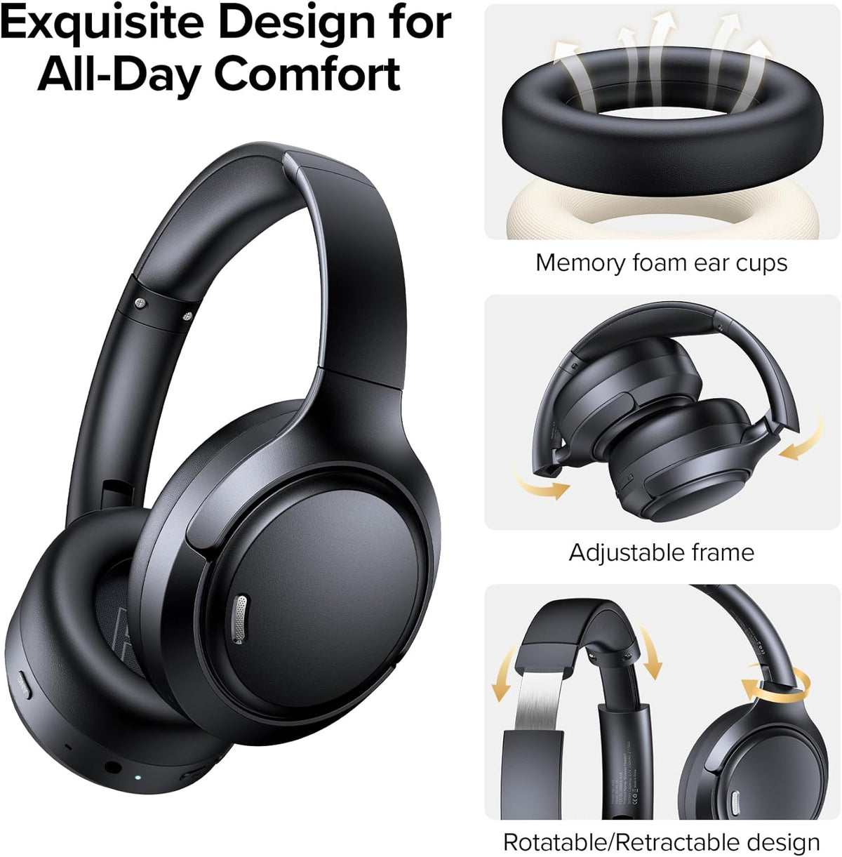 Hybrid Active Noise Cancelling Headphones Wireless, 120Hrs Playtime, 6 ENC Clear Mic, Over Ear Bluetooth Headphones